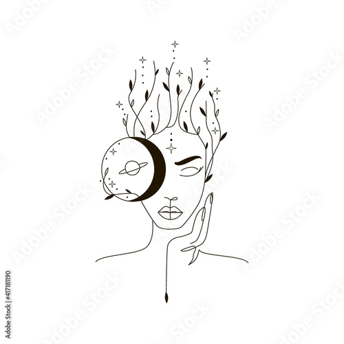 Woman with moon and leaves in one line in mythology and mystical illustrations. Celestial esoteric and boho minimalistic objects. Illustration, vector