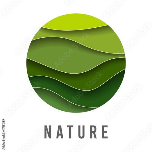 Abstract green logo vector icon, sign organic technology food and cosmetology.Design template symbol eco bio engineering, natural product. Illustration with nature Green wave background hill landscape