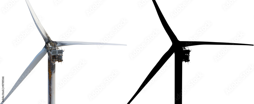 Burnt wind turbine on a white background with a black mask.