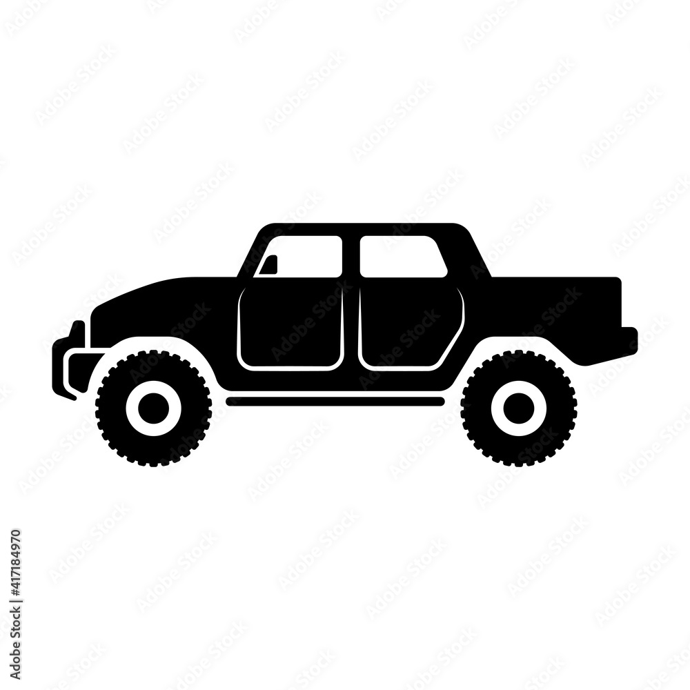 SUV icon. Large off-road vehicle. Black silhouette. Side view. Vector flat graphic illustration. The isolated object on a white background. Isolate.