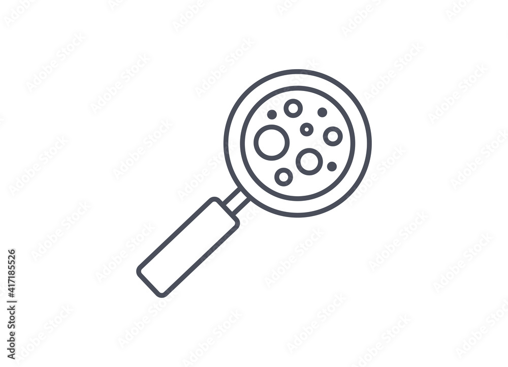 Magnifying glass used to enlarge and examine microbes in an industrial, medical or science laboratory, line drawn black and white vector icon isolated on white background Magnifying glass used to enlarge and examine microbes in an industrial, medical or science laboratory, line drawn black and white vector icon isolated on white background