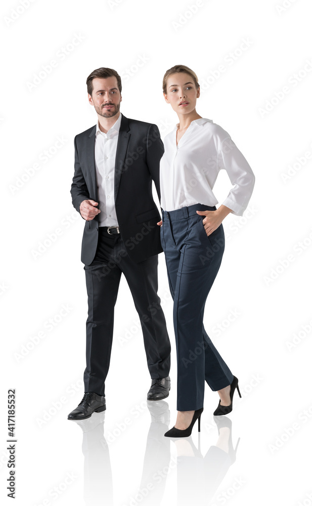Woman and man in office suit, isolated over white background Woman and man in office suit, isolated over white background