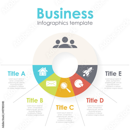 Vector circle chart infographic template for round cycle diagram, graph, web design. Business concept with 5 steps, options or processes. Abstract background.