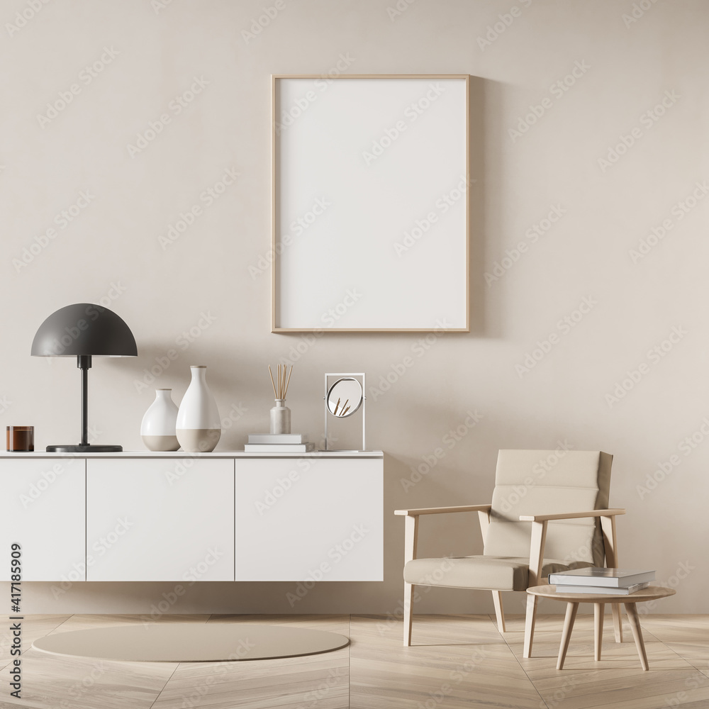 Modern interior of living room with wooden cabinet and armchair. Lamp, vases. Mock up poster frame on wall. 3d rendering Modern interior of living room with wooden cabinet and armchair. Lamp, vases. Mock up poster frame on wall. 3d rendering