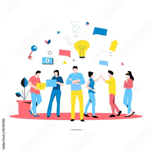 Business people teamwork, coworkers, innovative business approach flat vector illustration for mobile and web graphics. Professional office people working concept