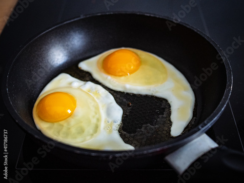 Breakfast - sunny side up eggs  in frying pan
