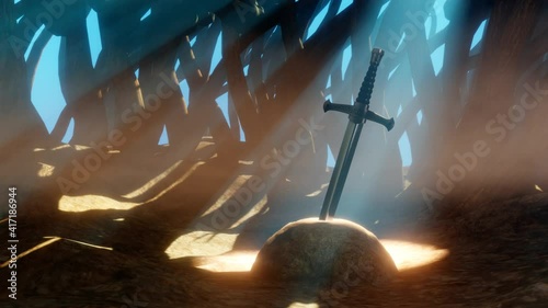 Fantasy scene of a sword in a forest  full of rays of light and magical atmosphere. 3D Rendering