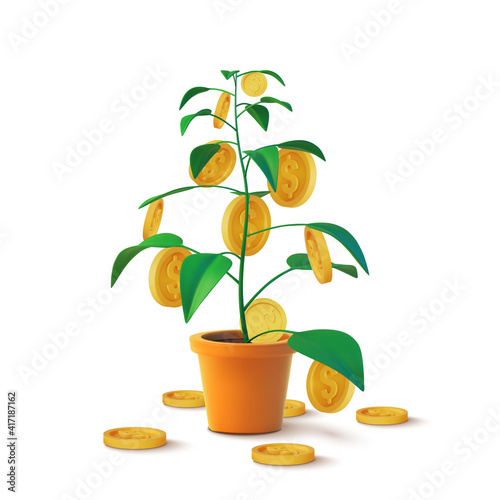 Realistic Money tree with gold coins dollars. Finance and banks, savings and investments. Vector illustration