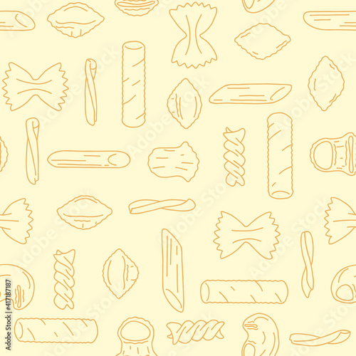 Seamless pattern with different pasta shapes and types: farfalle, casarecce, fusilli, pipe rigate, tortiglioni, conchiglie, penne. Flat vector illustration of Italian cuisine staples. Menu background.