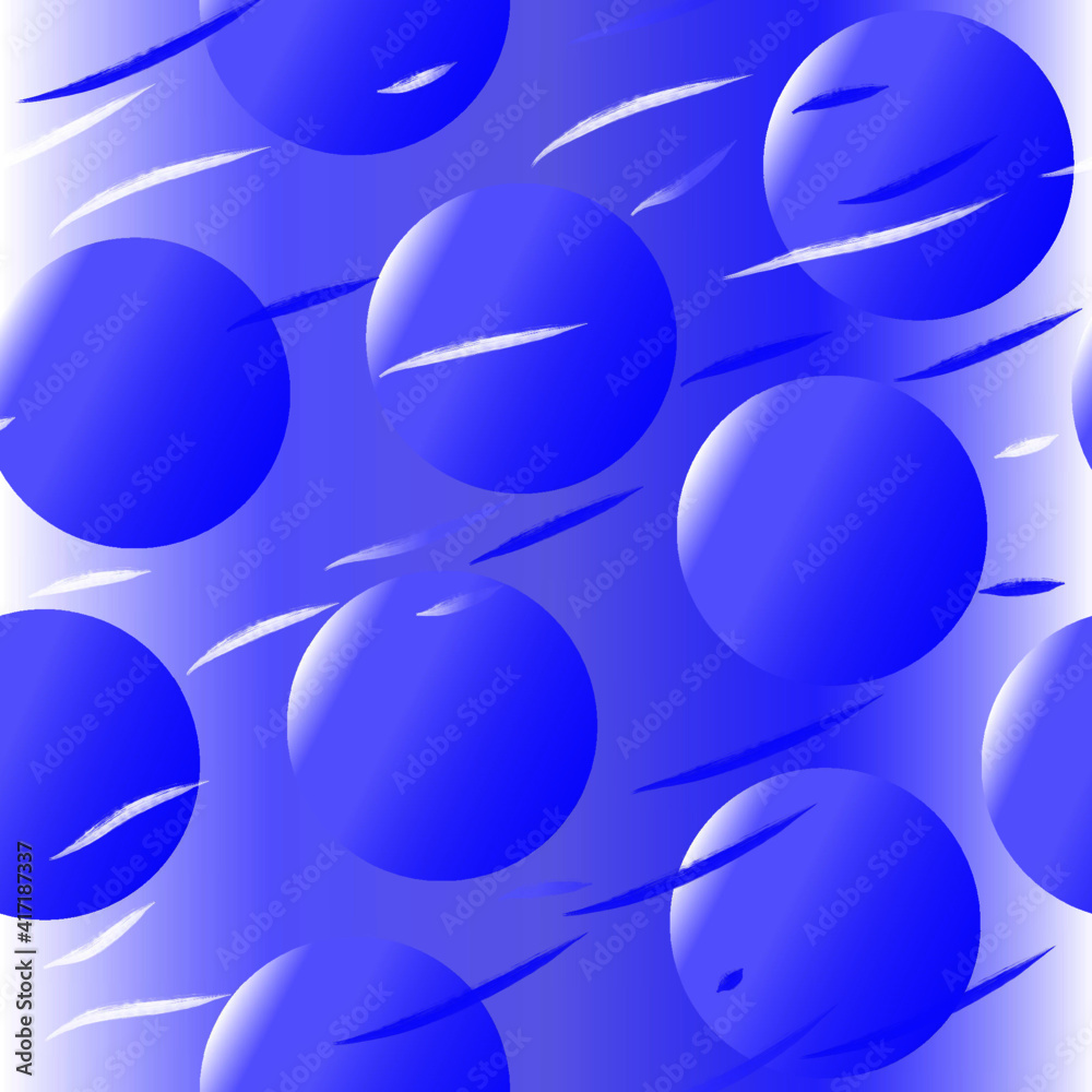 Seamless pattern of abstract blue balls and feathers on a light blue background for textile.