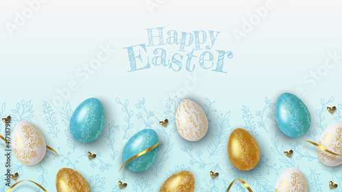 Easter greeting background with realistic golden, blue and white Easter eggs. Vector illustration