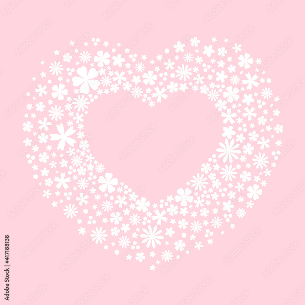 Greeting card with white flower heart frame for text. Pastel pink tender color.