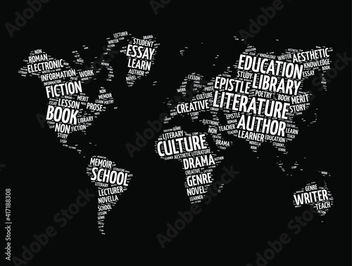 Literature word cloud in shape of world map, education concept background