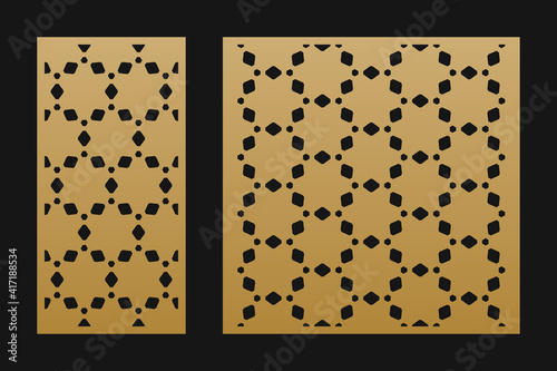Laser cut pattern. Vector template with abstract geometric texture in oriental style, hexagonal diamond grid ornament. Decorative stencil panel for laser cutting of wood, metal. Aspect ratio 1:2, 1:1