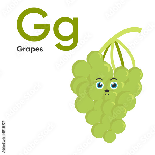 Cute Vegetables and Fruit Alphabet Series A-Z. Vector ABC. Letter Gg. Grapes. Cartoon fruits and vegetables alphabet for kids. Isolated vector icons Education, baby shower children prints, decor, card