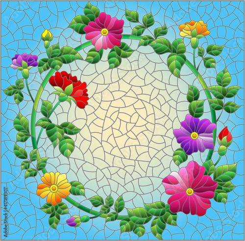 Illustration in the stained glass style with a wreath of bright flowers on a blue background, rectangular image