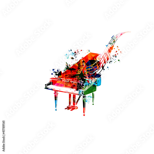 Music promotional poster with multicolored piano and musical notes isolated vector illustration. Colorful musical background with piano for live concert events, music festivals and shows, party flyer