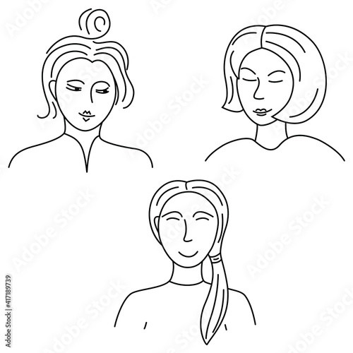 Set of sketches and doodles with women faces with short hair. Can be used for design, avatars, icons, stickers, blog illustrations, textiles, packaging, wrapping paper.