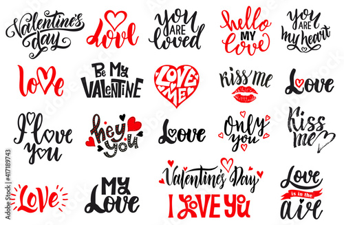 Romantic lettering set. Black and white hand written lettering about love to valentines day design poster, greeting card, photo album, banner, calligraphy vector. Romantic lettering set.