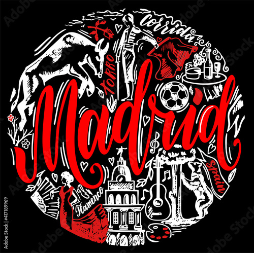 Madrid is the capital of Spain. Print color design on black background. Bullfighting, flamenco, guitar, football. Sketch design. Hand Drawn conceptual illustration.