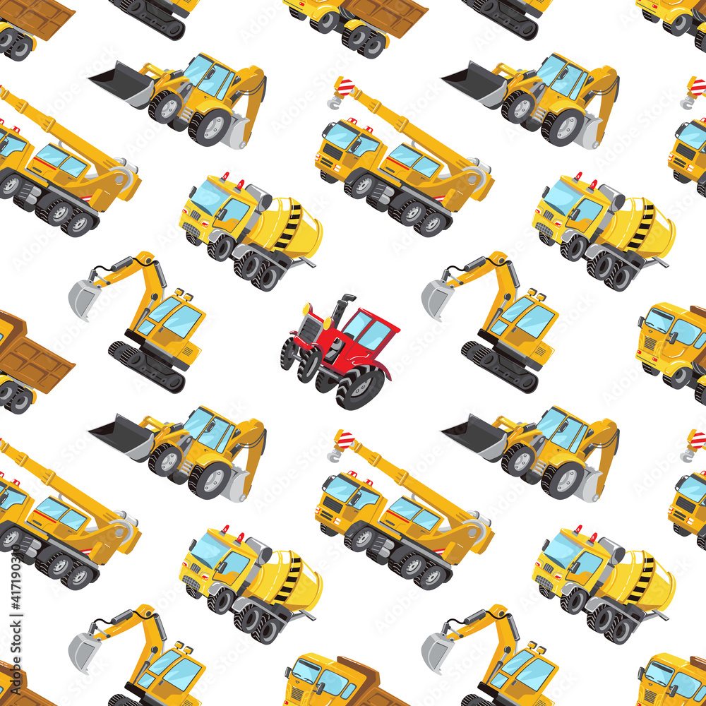 Fototapeta Seamless pattern with yellow Trucks, Cars and Road Signs. Red tractor, Excavator, Digger machine, Building machines, Concrete Mixer.
