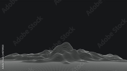 3d sci-fi retro connection background. Wireframe topography landscape. Blockchain and crypto currency technology background. Digital landscape. HUD elements. Big data and artificial intelligence.