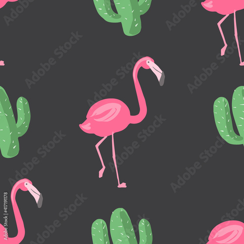 Seamless pattern with pink flamingos and green cacti on a gray background