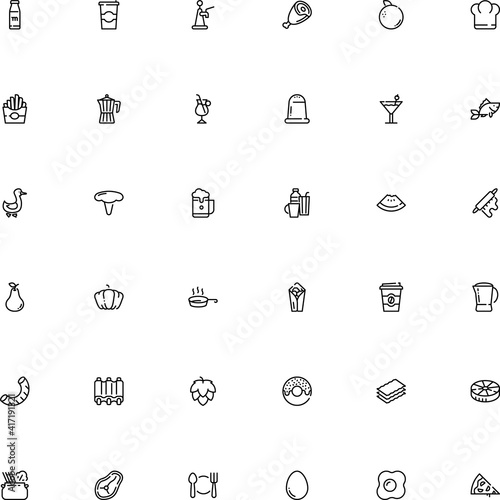 icon vector icon set such as: abris, colander, dining, chicken, iron, calcium, roll, chief, kitchenware, salted, baker, mushroom, strip, champagne, decorative, clip, agriculture, brandy, pear, taste