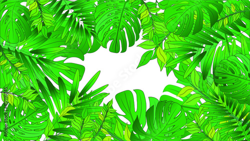 Fototapeta Naklejka Na Ścianę i Meble -  An array of greenery, natural looking plants for tropical, nature display. Hand drawn illustration of multiple green leaves on dark background for social media, aesthetic. 