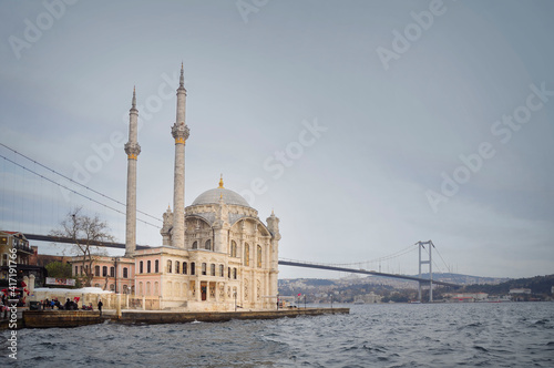 The Bosphorus Bridge and the Ortakoy Mosque in Istanbul, Turkey.