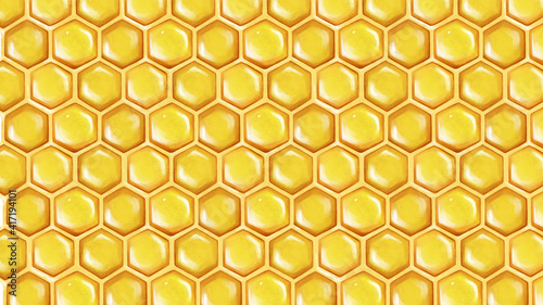 Background with honeycombs. Pattern with gold hexagons. Geometric background. Natural product.