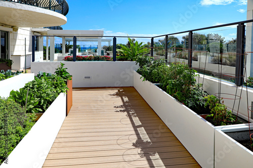 A vegetable garden on a rooftop outdoor terrace at a condo by the ocean.