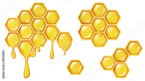 Illustration of honeycombs on a white background. Elements of honey for decoration and design.A natural product for a healthy diet