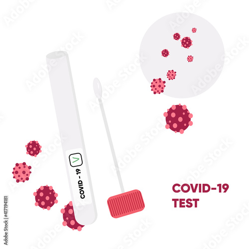 Vector poster with Covid-19 test saliva tube to check for Coronavirus and virus cells on background and inscription COVID-19 TEST. Website, landing page template. Medicine and health concept.