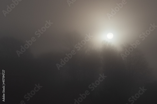 Sunrise on misty morning creating hazy abstract image.Shot in Sweden, Scandinavia