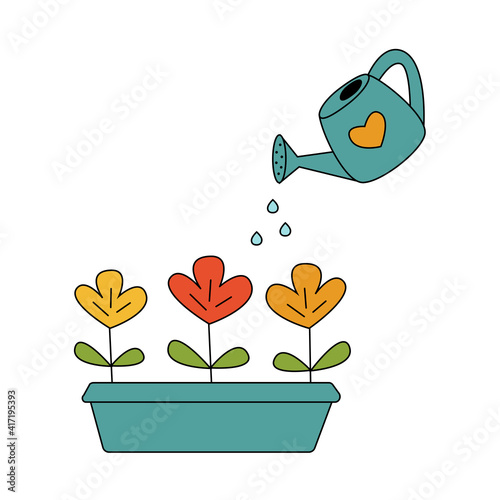 Watering flowers vector cartoon illustration. Growing plants. Irrigation. Isolated on white background. Window garden. Grow concept. Colored doodle style.
