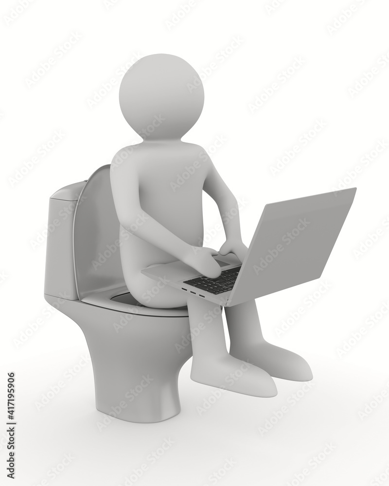 man with laptop and toilet bowl on white background. Isolated 3D illustration man with laptop and toilet bowl on white background. Isolated 3D illustration