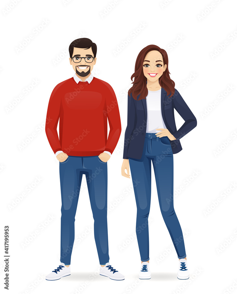 Fototapeta premium Business team. Casual business man and woman standing isolated vector illustration