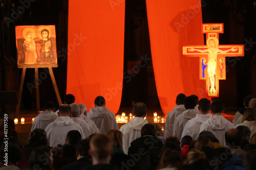 Elisabethenkirche.  European Youth meeting of Taize in Basel. Pilgrims at midday prayer.  Switzerland.  26.05.2018 photo