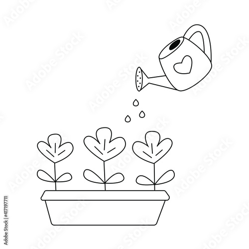 Watering flowers vector cartoon illustration. Growing plants. Irrigation. Isolated on white background. Window garden. Grow concept. Doodle style.