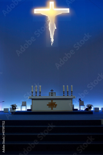 Ecumenical Pilgrimage of Pope Francis to Geneva. Catholic mass at the Palexpo hall.  Main altar.  JŽsus on the cross.  Switzerland.   21.6.2018 photo