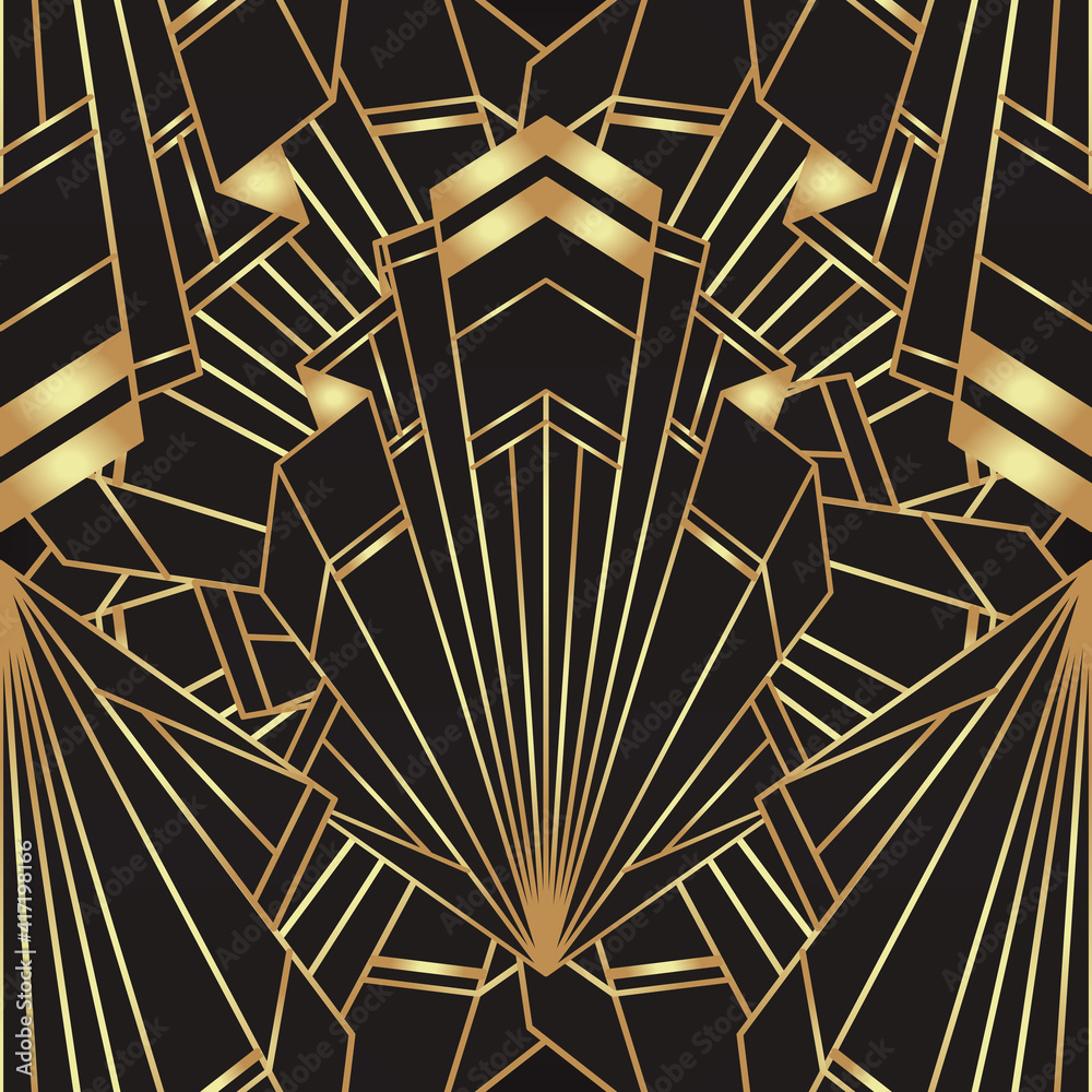 Art deco style geometric seamless pattern in black and gold. Vector