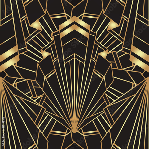 Art deco style geometric seamless pattern in black and gold. Vector illustration. Roaring 1920 s design. Jazz era inspired . 20 s. Vintage Fabric, textile, wrapping paper, wallpaper.