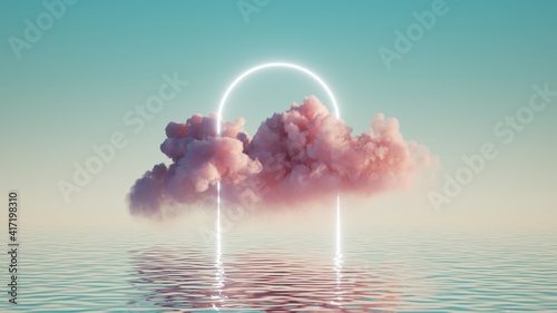 3d render, abstract background with pink cloud levitating inside bright glowing neon arch, with reflection in the water. Minimal futuristic seascape photo