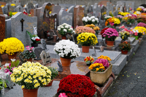 All Saints' Day at a cemetery. Flowers placed to honor deceased relatives. France. 01.11.2018