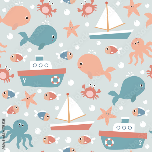 Seamless pattern with sea animals and boats. It can be used for wallpapers, wrapping, cards, patterns for clothes and other.