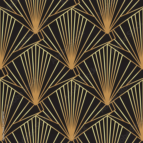 Art deco style geometric seamless pattern in black and gold. Vector illustration. Roaring 1920 s design. Jazz era inspired . 20 s. Vintage Fabric, textile, wrapping paper, wallpaper.