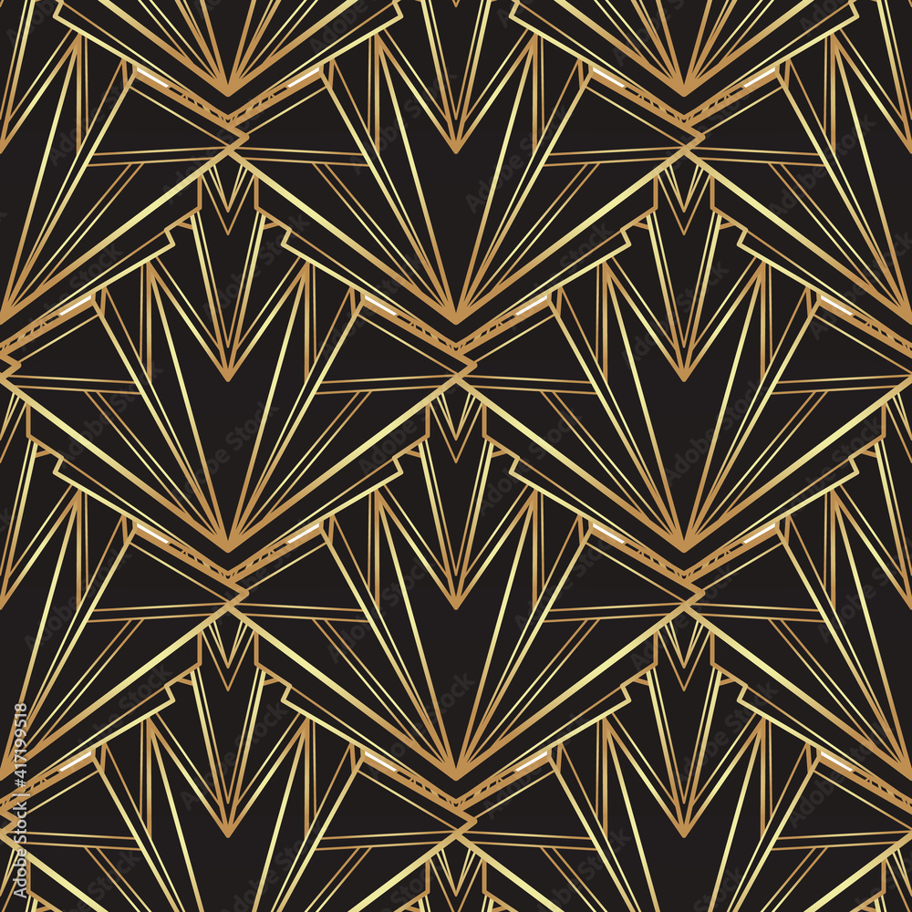 Art deco style geometric seamless pattern in black and gold. Vector illustration. Roaring 1920 s design. Jazz era inspired . 20 s. Vintage Fabric, textile, wrapping paper, wallpaper.