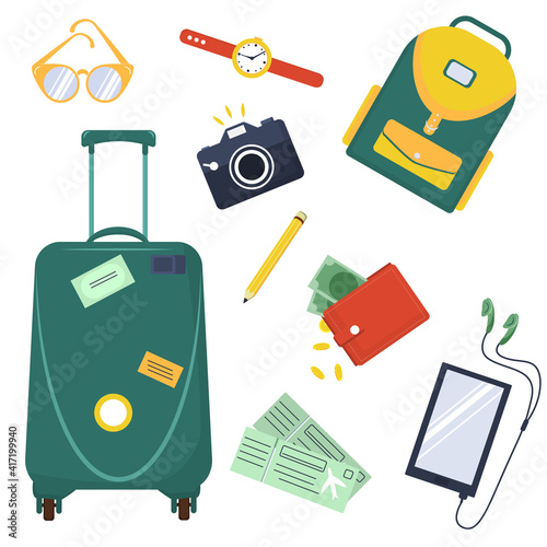 vector illustrations on the theme of tourist items, isolate on a white background. Set on the topic of tourism and travel