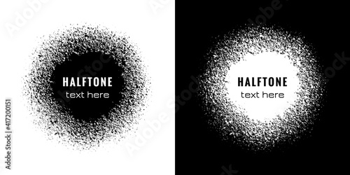 Halftone circle frame with spray effect. Circular border of grunge dots pattern. Ring boarder. Round brush. Spot paint. Drip point radial shape. Urban street. Design prints. Faded uneven dot. Vector